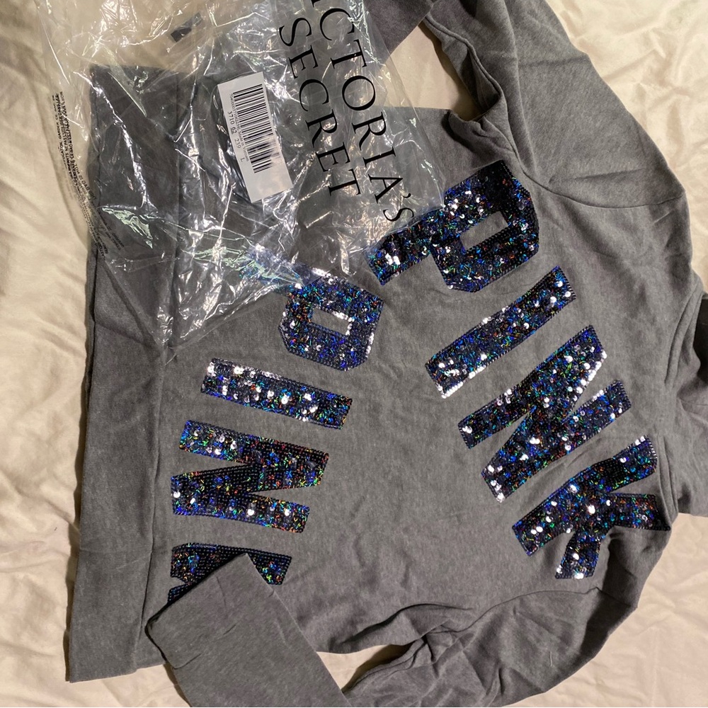 PINK Victoria's Secret Gray Hoodie with Blue/Purple Sequin Logo - Picture 3 of 5
